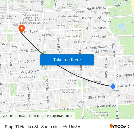 Stop R1 Halifax St - South side to UniSA map