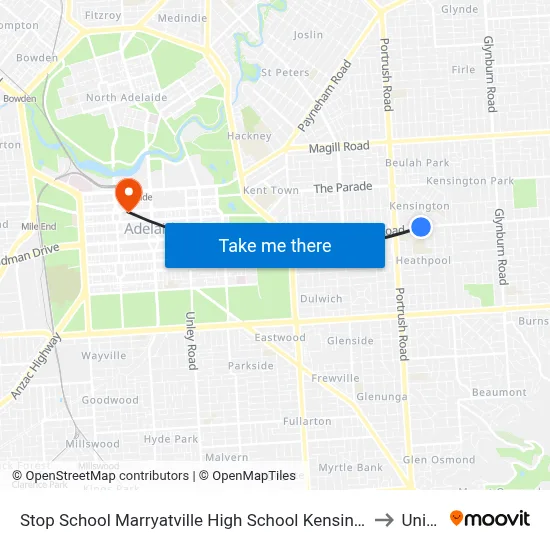 Stop School Marryatville High School Kensington Rd to UniSA map