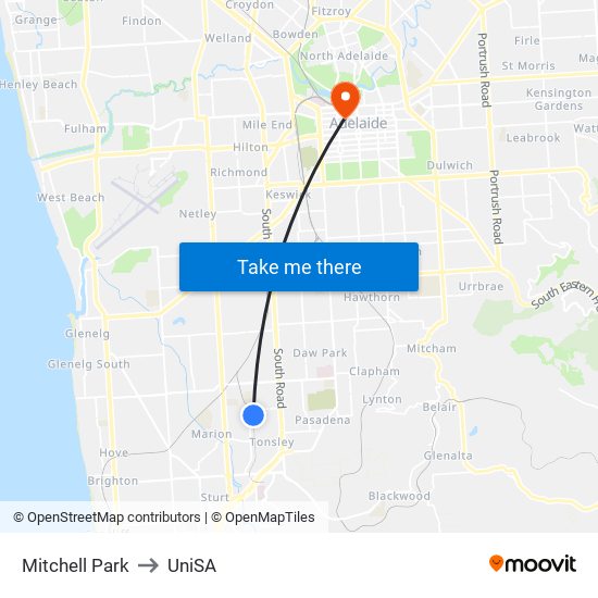 Mitchell Park to UniSA map