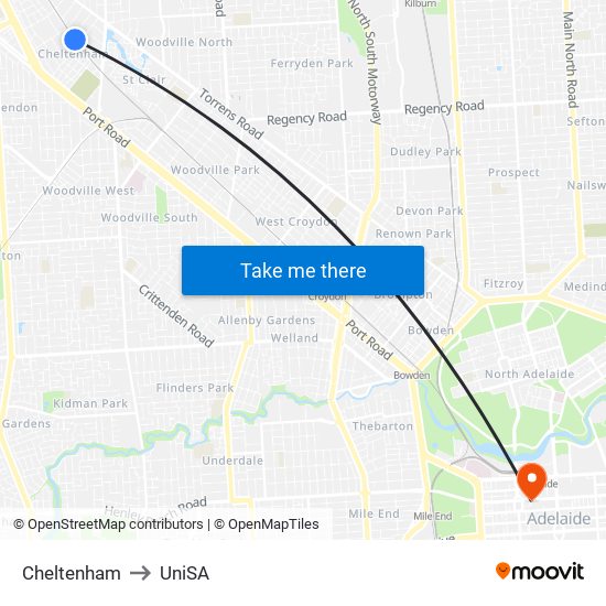 Cheltenham to UniSA map