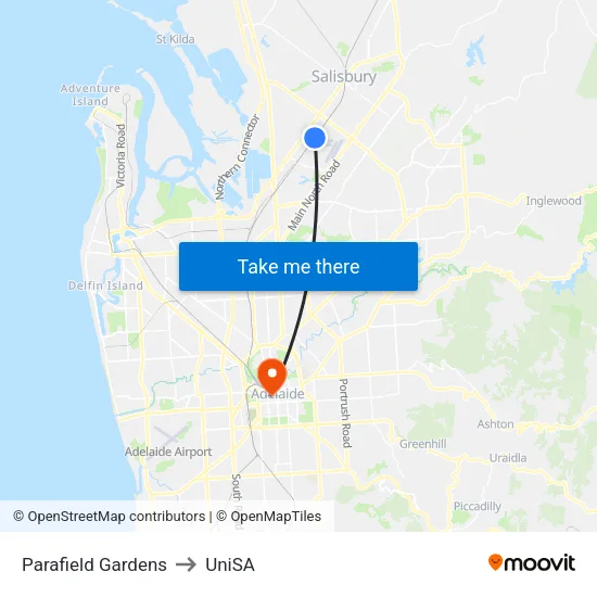 Parafield Gardens to UniSA map
