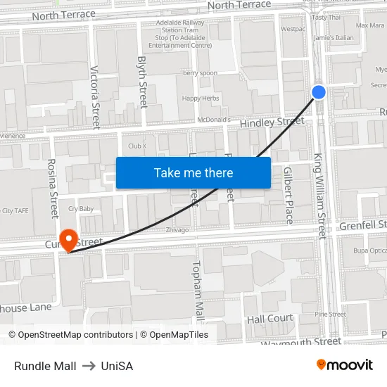 Rundle Mall to UniSA map