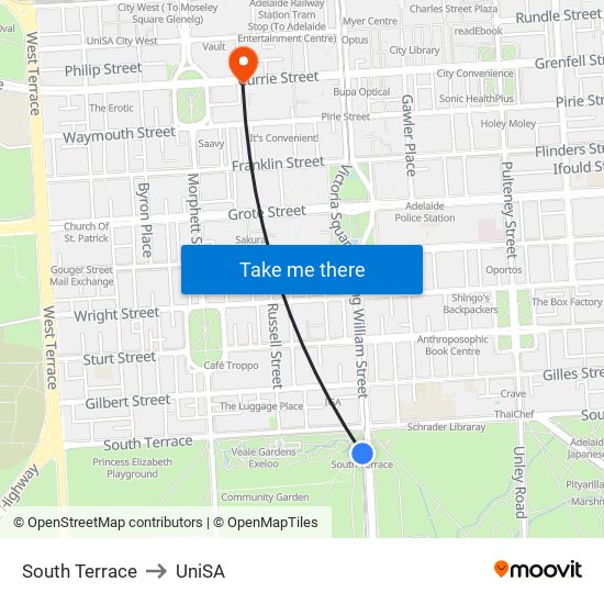 South Terrace to UniSA map