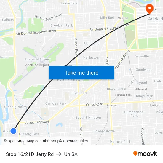 Stop 16/21D Jetty Rd to UniSA map