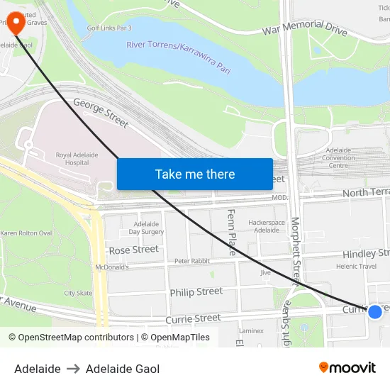 Adelaide to Adelaide Gaol map