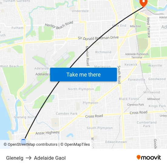 Glenelg to Adelaide Gaol map