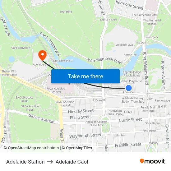 Adelaide Station to Adelaide Gaol map