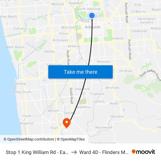 Stop 1 King William Rd - East side to Ward 4D - Flinders Medical map