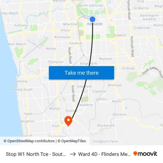 Stop W1 North Tce - South side to Ward 4D - Flinders Medical map