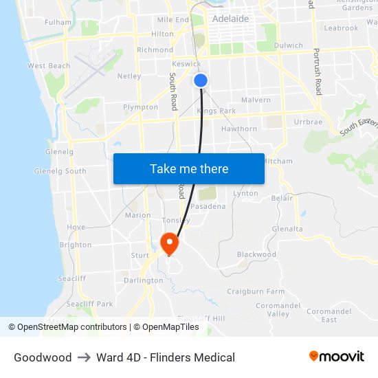 Goodwood to Ward 4D - Flinders Medical map