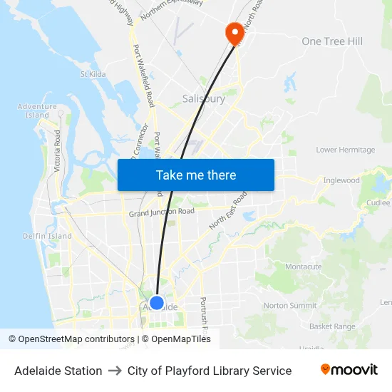 Adelaide Station to City of Playford Library Service map