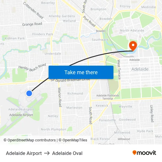 Adelaide Airport to Adelaide Oval map