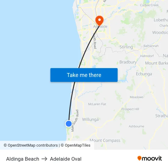 Aldinga Beach to Adelaide Oval map
