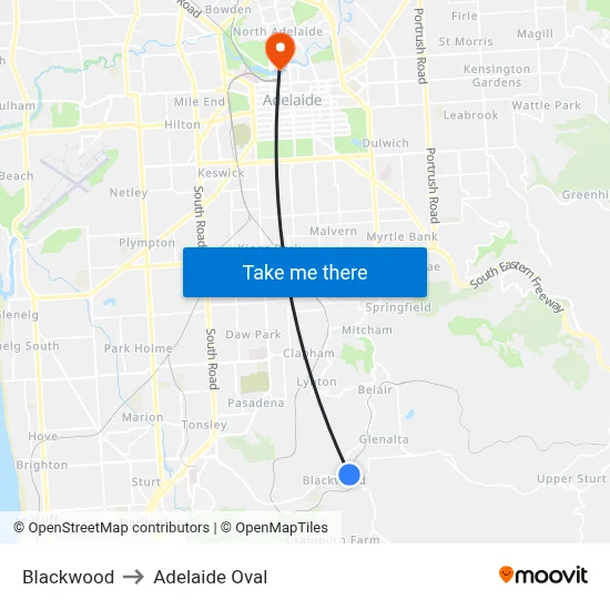 Blackwood to Adelaide Oval map