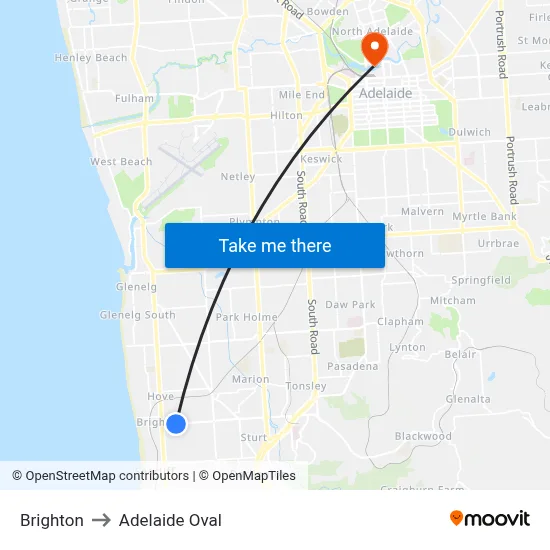 Brighton to Adelaide Oval map