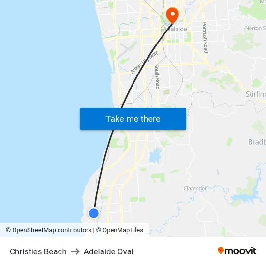 Christies Beach to Adelaide Oval map