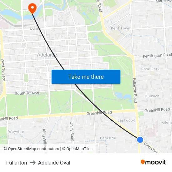 Fullarton to Adelaide Oval map