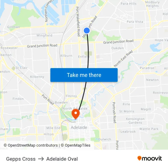 Gepps Cross to Adelaide Oval map