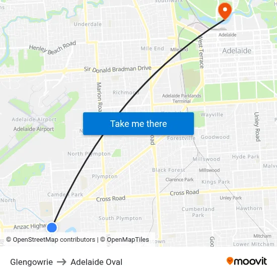 Glengowrie to Adelaide Oval map
