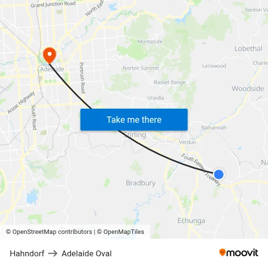 Hahndorf to Adelaide Oval map