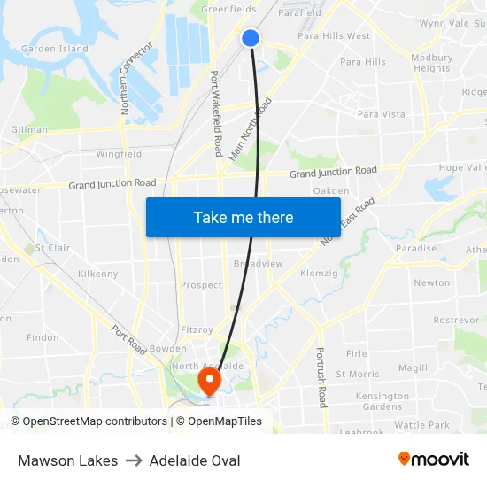 Mawson Lakes to Adelaide Oval map