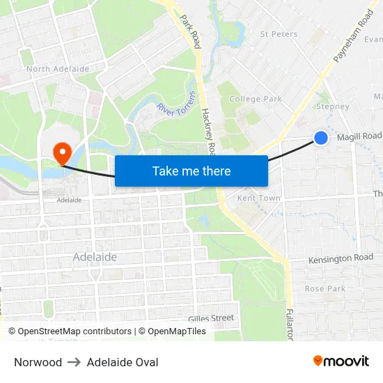 Norwood to Adelaide Oval map