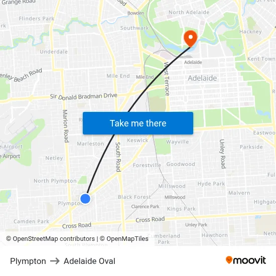 Plympton to Adelaide Oval map