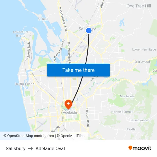 Salisbury to Adelaide Oval map