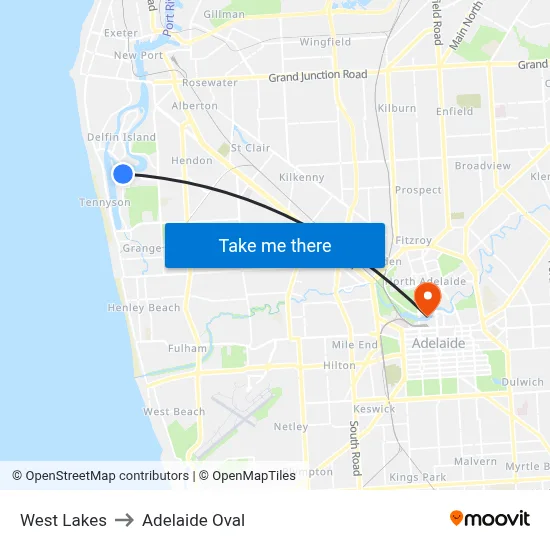 West Lakes to Adelaide Oval map
