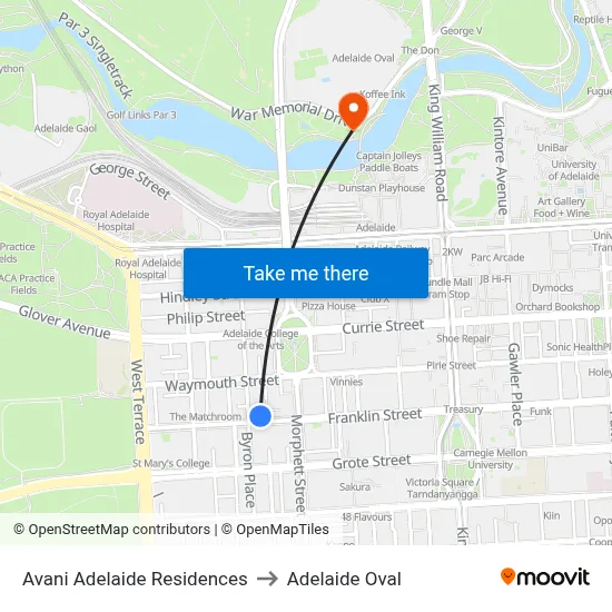 Avani Adelaide Residences to Adelaide Oval map