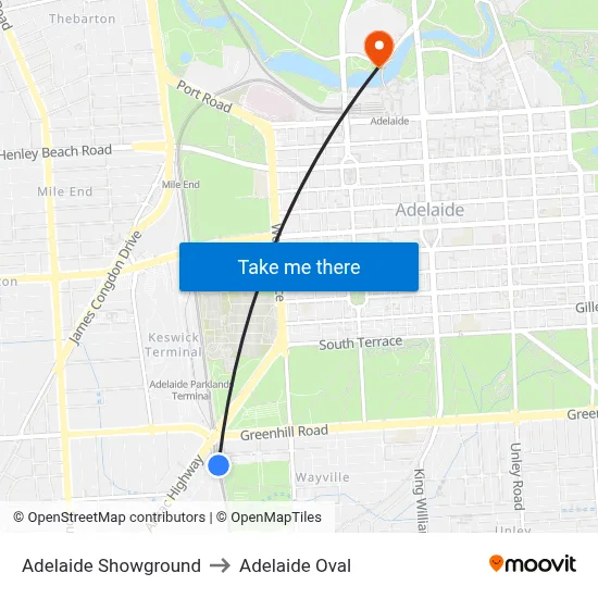 Adelaide Showground to Adelaide Oval map