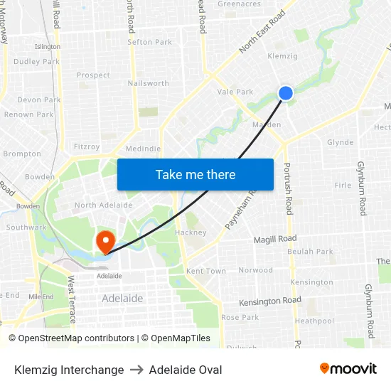Klemzig Interchange to Adelaide Oval map