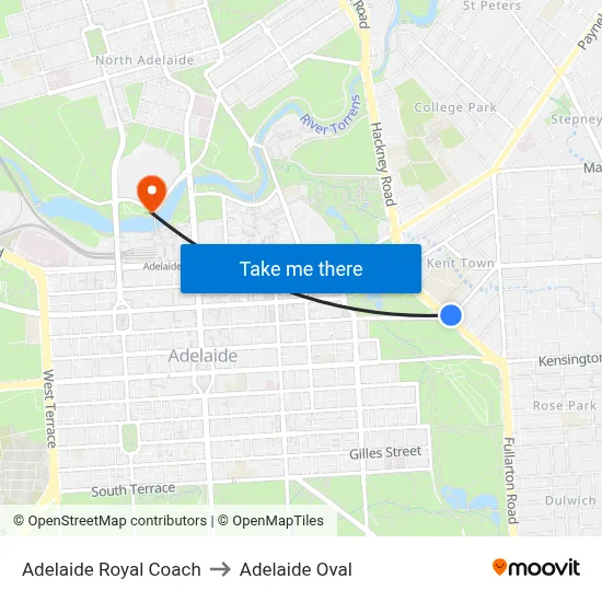 Adelaide Royal Coach to Adelaide Oval map