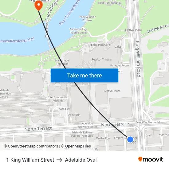 1 King William Street to Adelaide Oval map