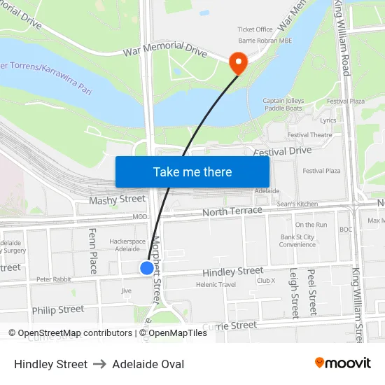 Hindley Street to Adelaide Oval map
