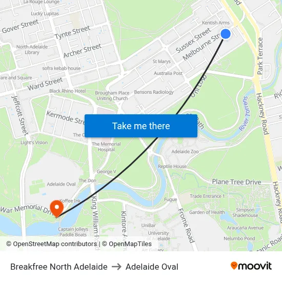 Breakfree North Adelaide to Adelaide Oval map