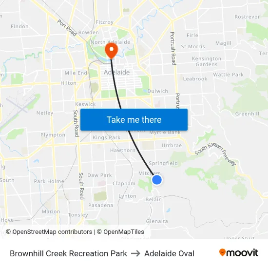 Brownhill Creek Recreation Park to Adelaide Oval map