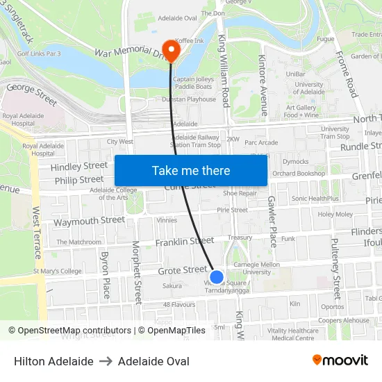 Hilton Adelaide to Adelaide Oval map