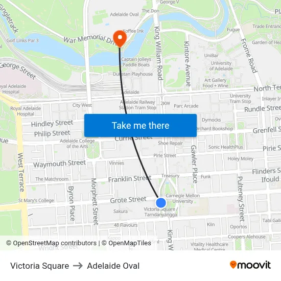 Victoria Square to Adelaide Oval map