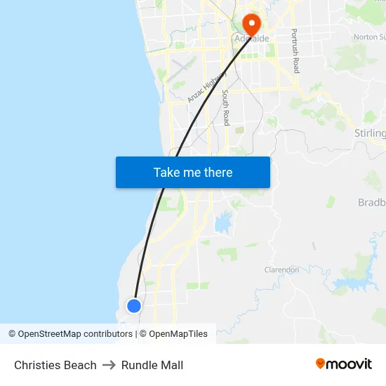 Christies Beach to Rundle Mall map