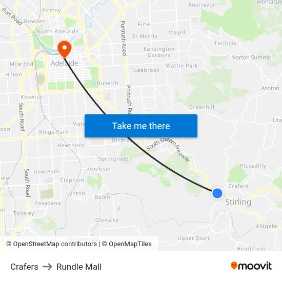 Crafers to Rundle Mall map