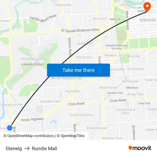 Glenelg to Rundle Mall map