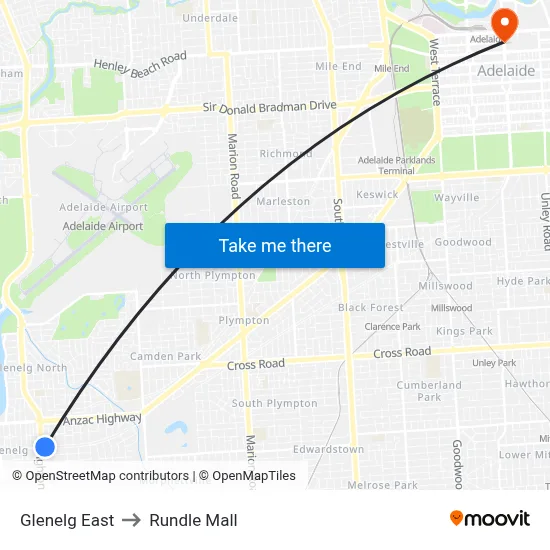 Glenelg East to Rundle Mall map
