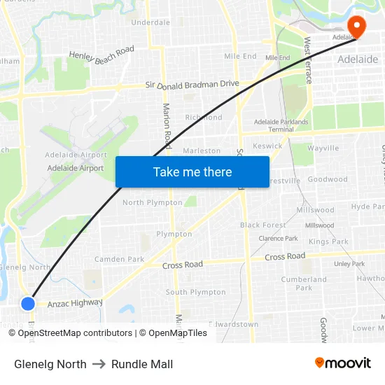 Glenelg North to Rundle Mall map