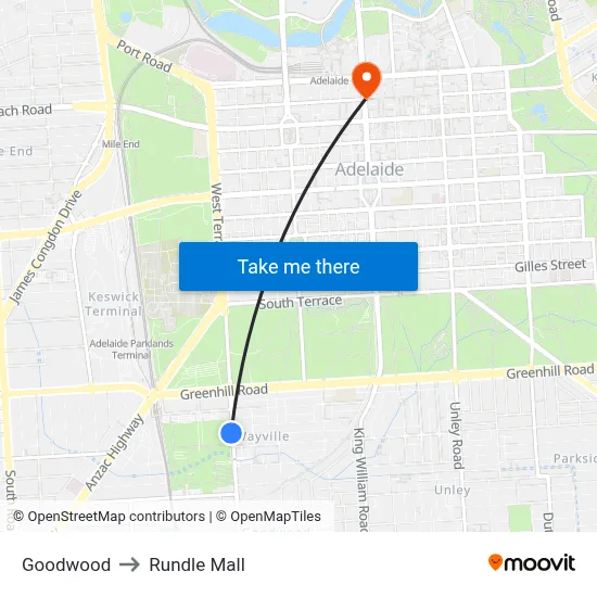 Goodwood to Rundle Mall map