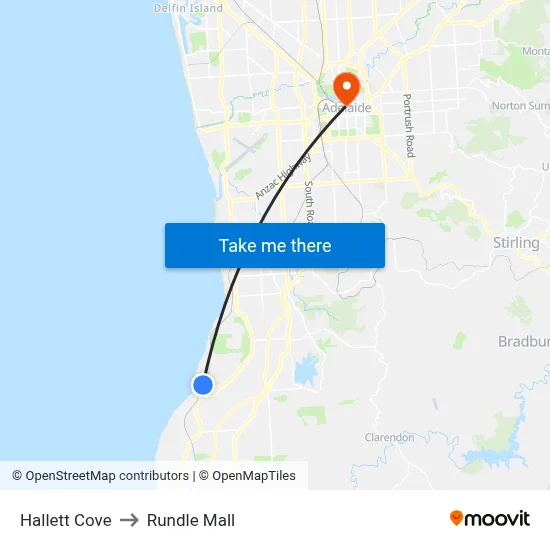 Hallett Cove to Rundle Mall map