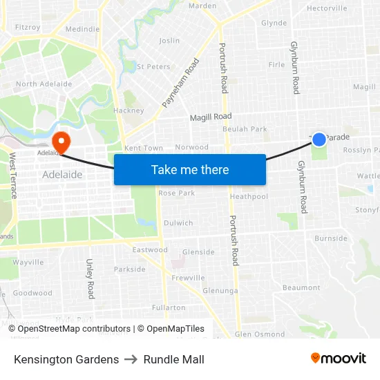 Kensington Gardens to Rundle Mall map