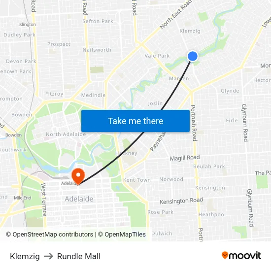 Klemzig to Rundle Mall map