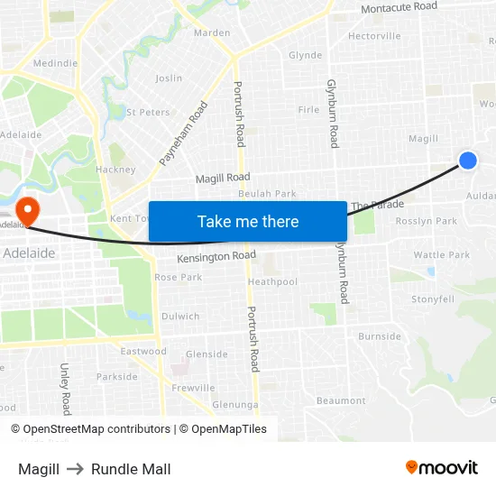 Magill to Rundle Mall map