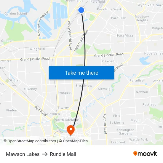 Mawson Lakes to Rundle Mall map